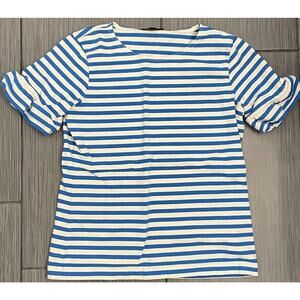 J Crew Women's Shirt Blue White Striped Top Ruffle Sleeve Size XS Pullover